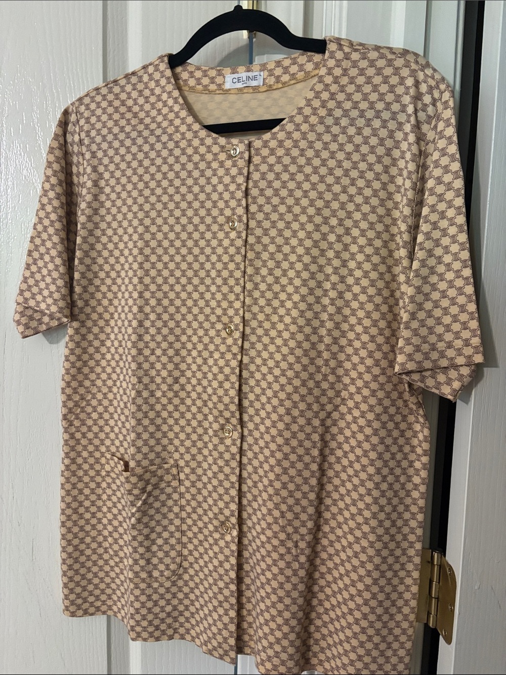 Celine Beige and Light Brown Monogram Button Front Top